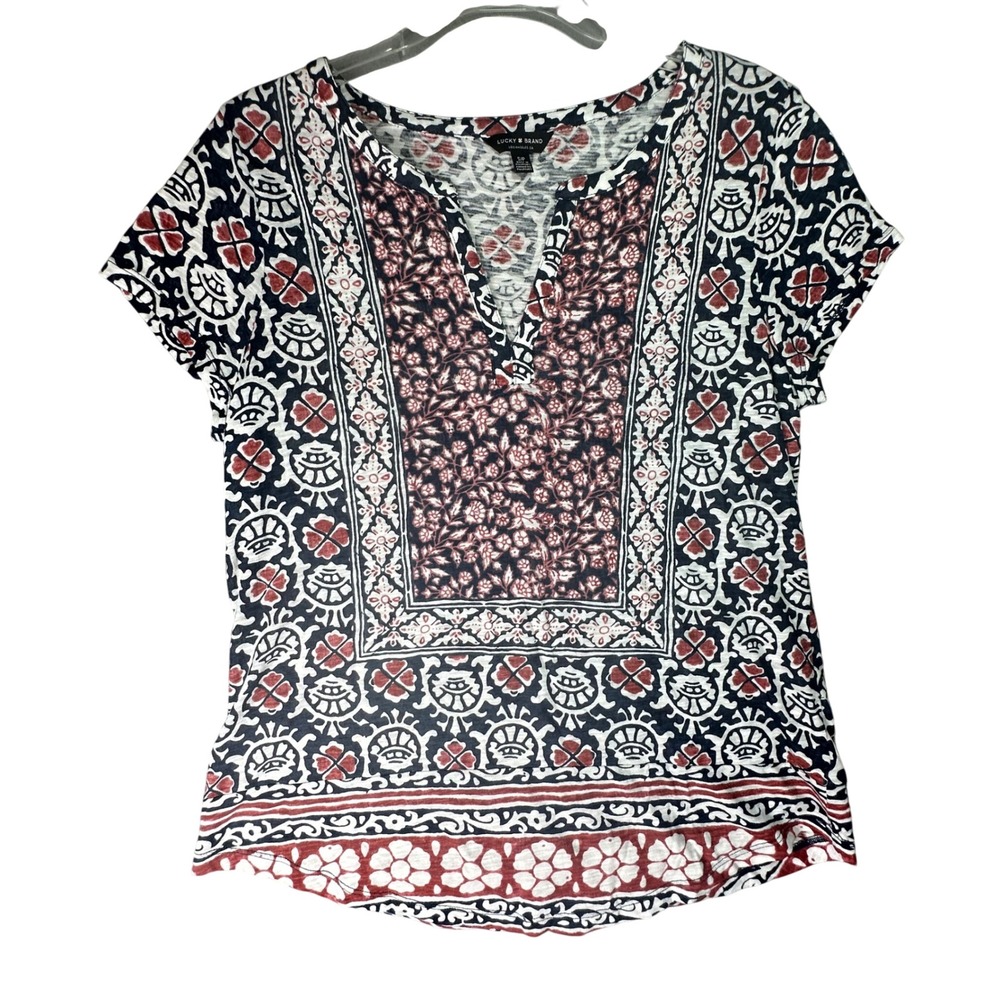 Lucky Brand Split Neck Floral Block Print Top Boho Peasant Small Indie Artisan